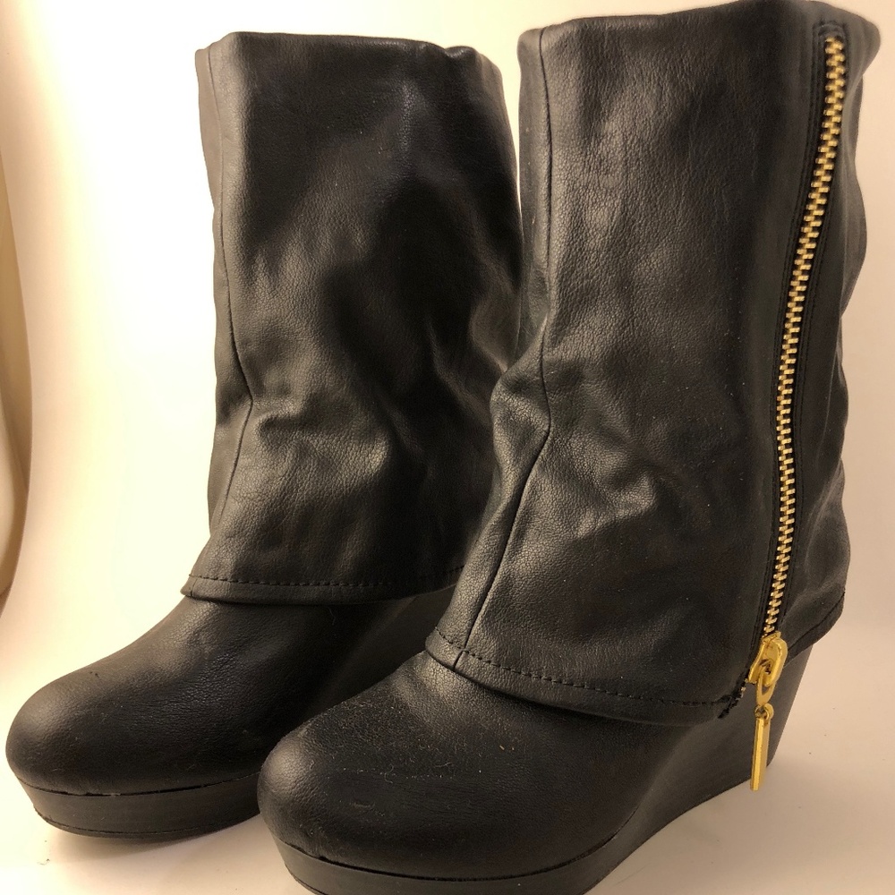 Black womens fold over boots 3" heel side zipper